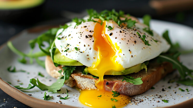 A beautifully plated poached egg on avocado toast, garnished with herbs, set against a dark background, gourmet home cooking, perfect for foodie social media posts or cookbooks. High quality photo