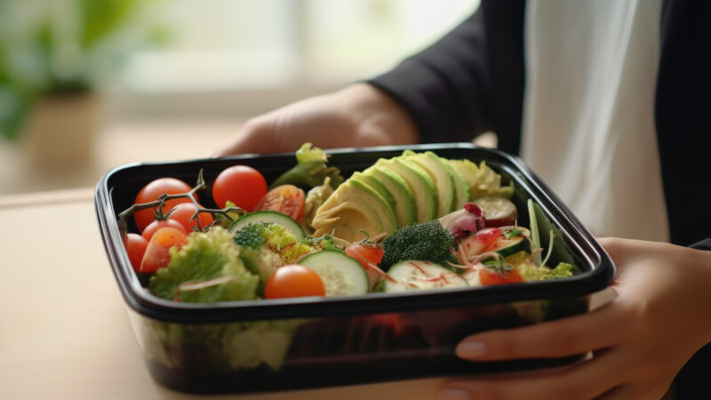 Person is holding tray of food with variety of vegetables including broccoli, tomatoes, and avocado